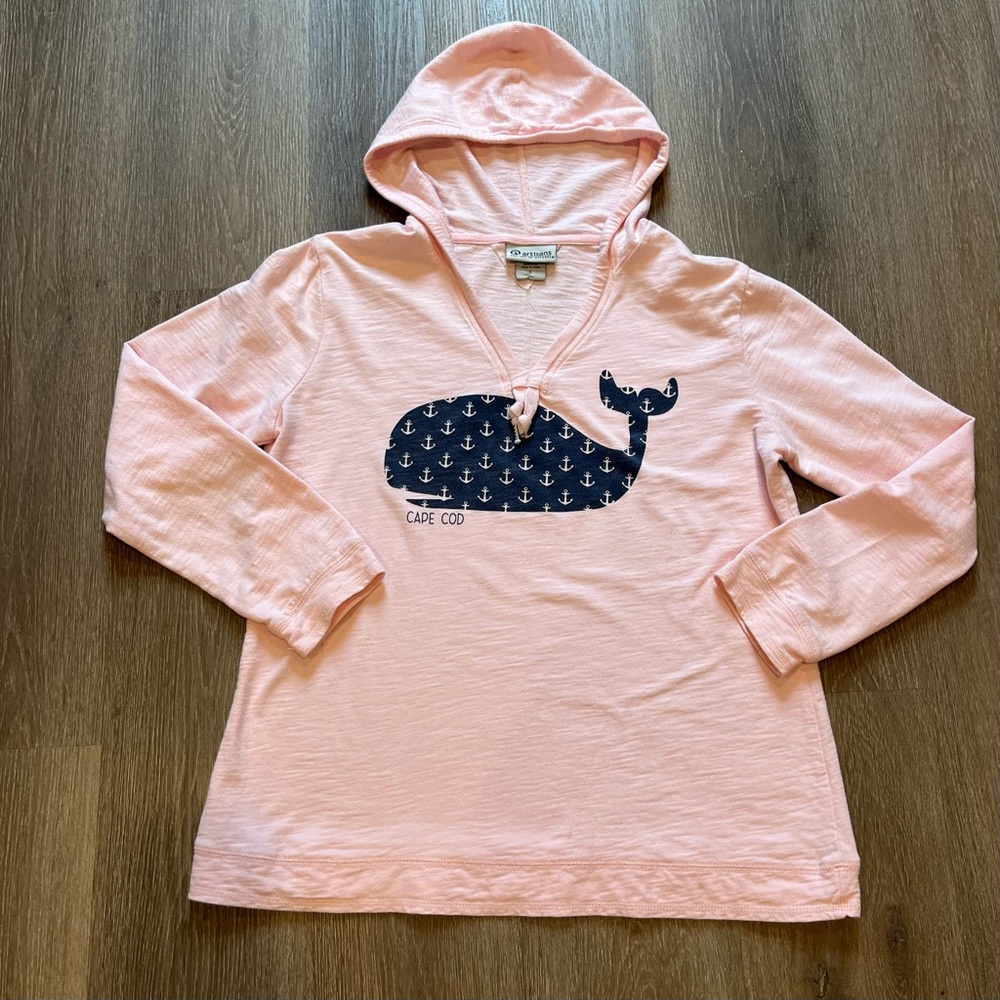 Pink Cape Cod v-neck hoodie with blue whale with anchors